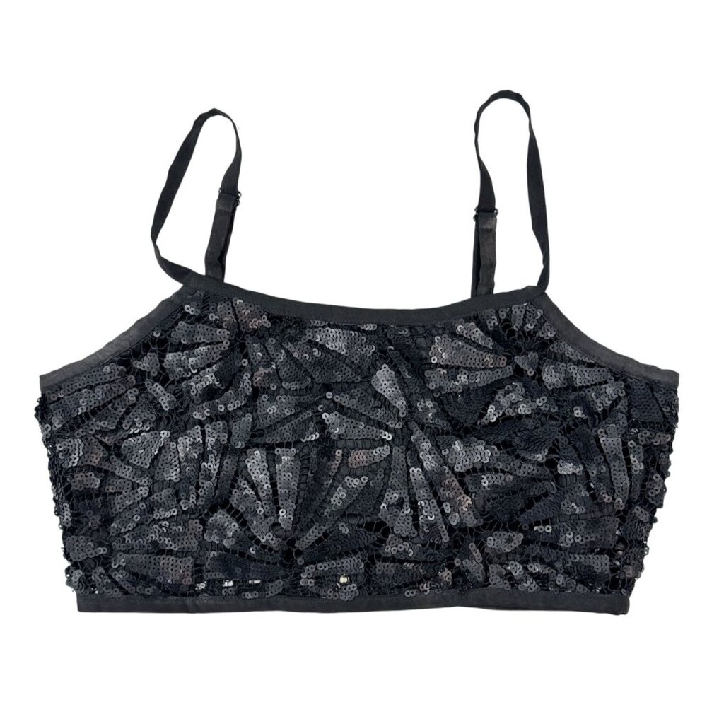 Forever 21 Size M Sequin Black Cropped Cami Top With Adjustable Straps & Back Zi